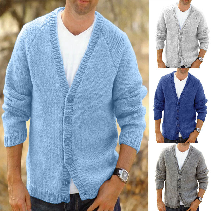Men's Knit Cardigan with Deep V-Neck and Button Details