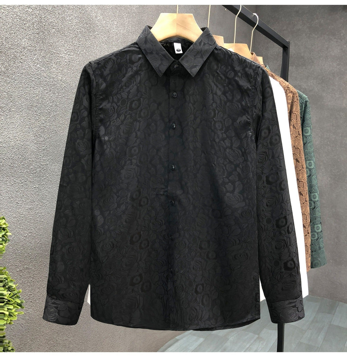 Men's Long Sleeve Jacquard Shirt with Fine Floral Embossing and Spread Collar