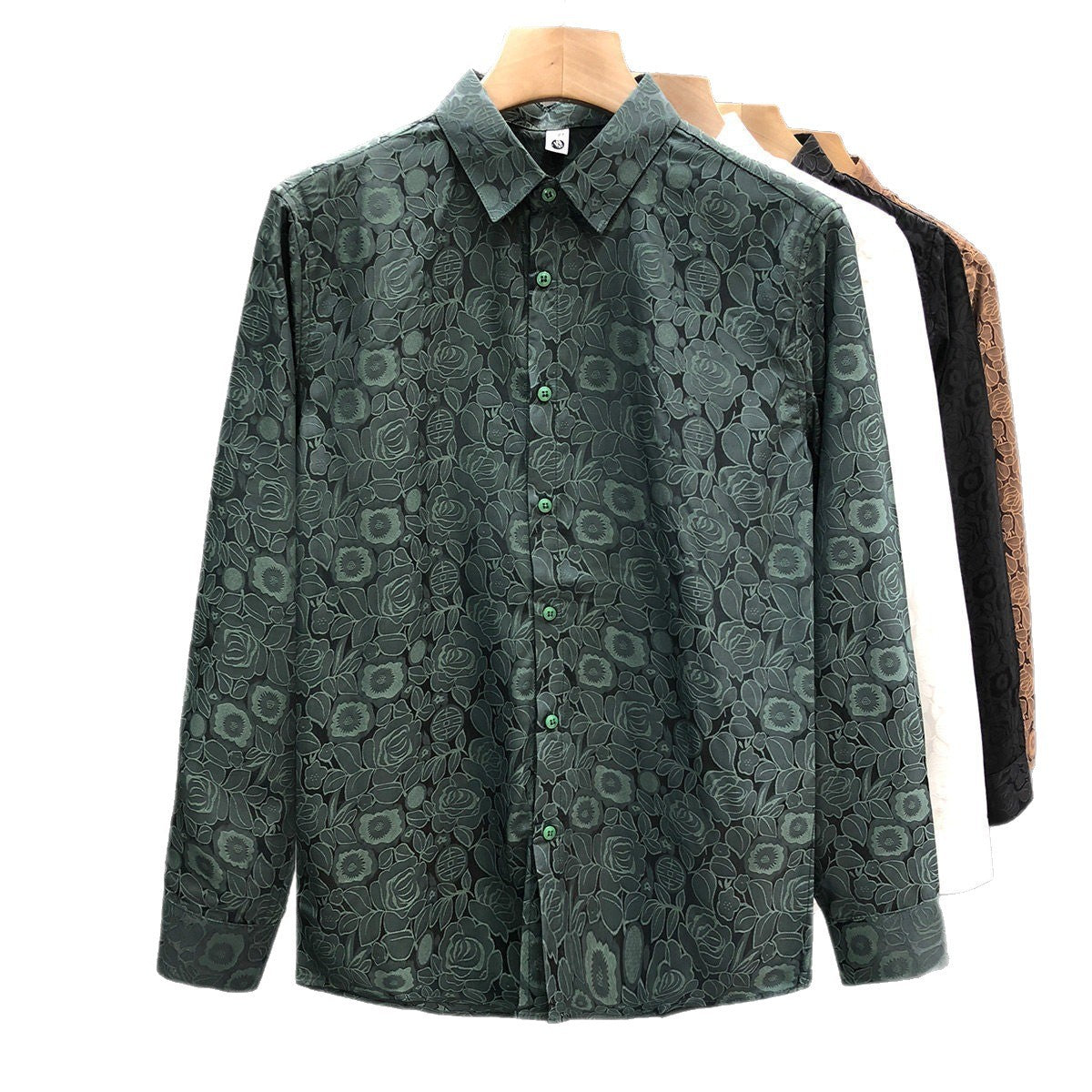 Men's Long Sleeve Jacquard Shirt with Fine Floral Embossing and Spread Collar