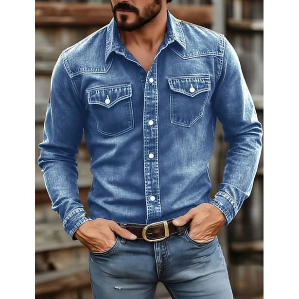 Men's Long-Sleeve Western Denim Shirt with Snap-Button Chest Pockets