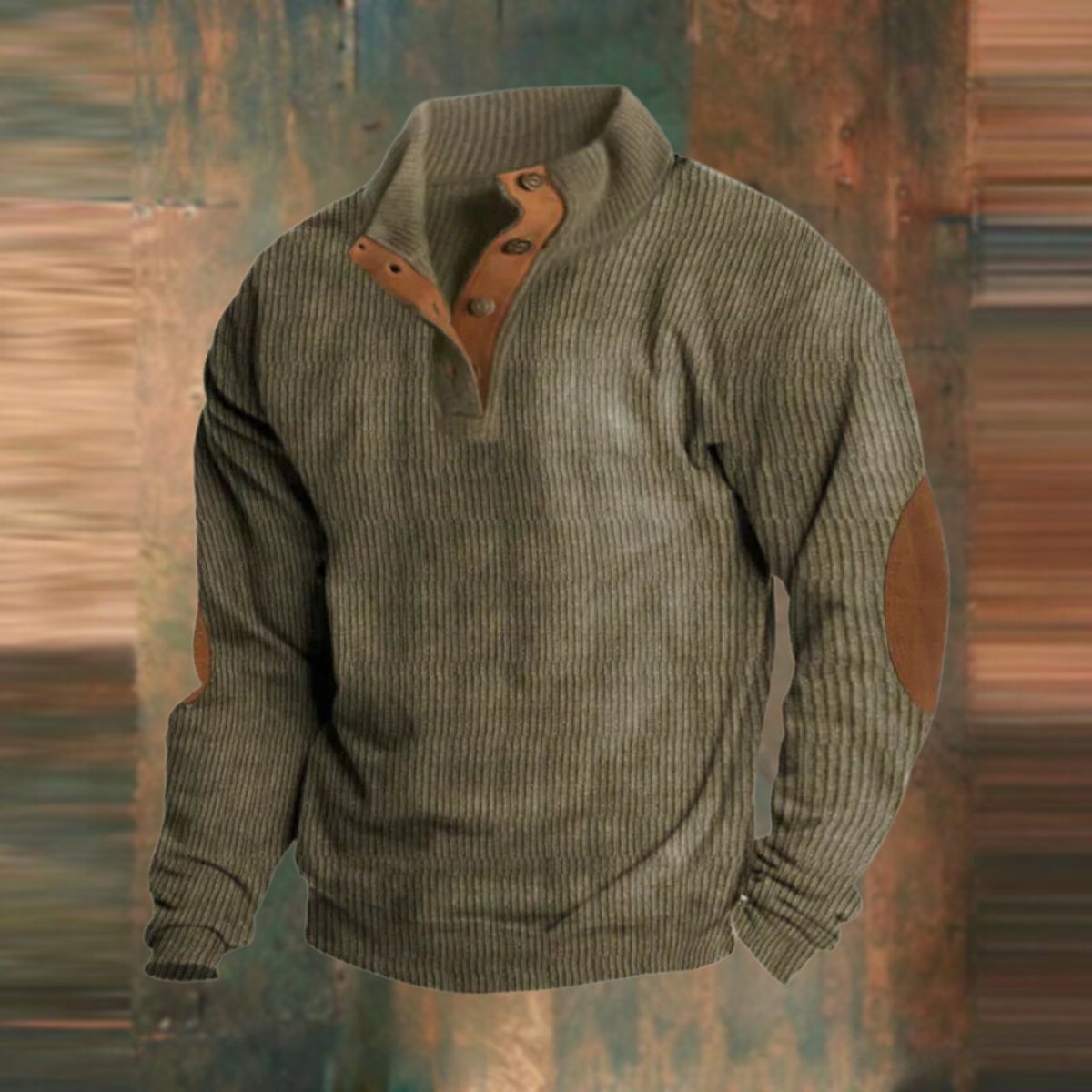 Men's Ribbed Knit Pullover Sweater with Stand Collar and Elbow Patches