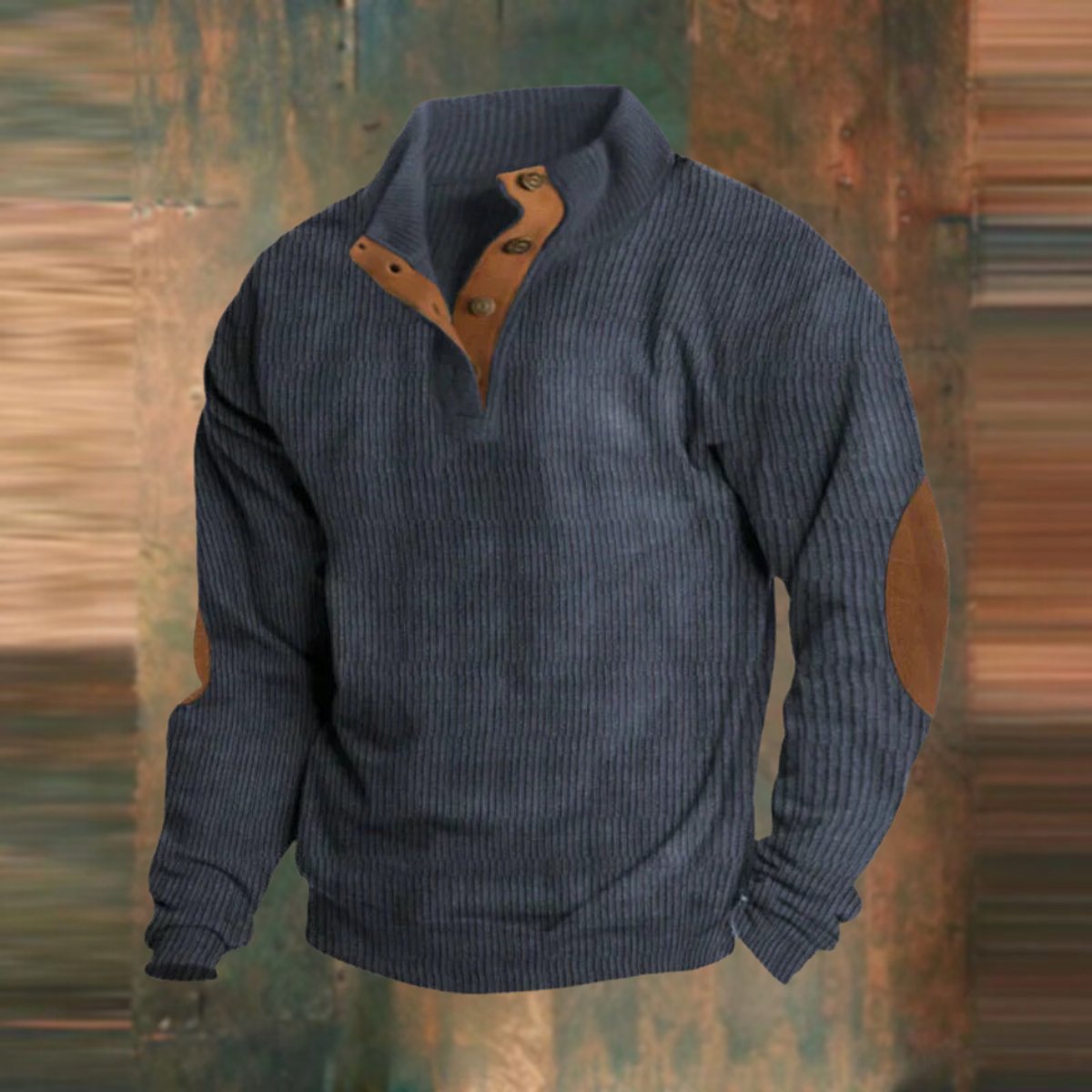 Men's Ribbed Knit Pullover Sweater with Stand Collar and Elbow Patches