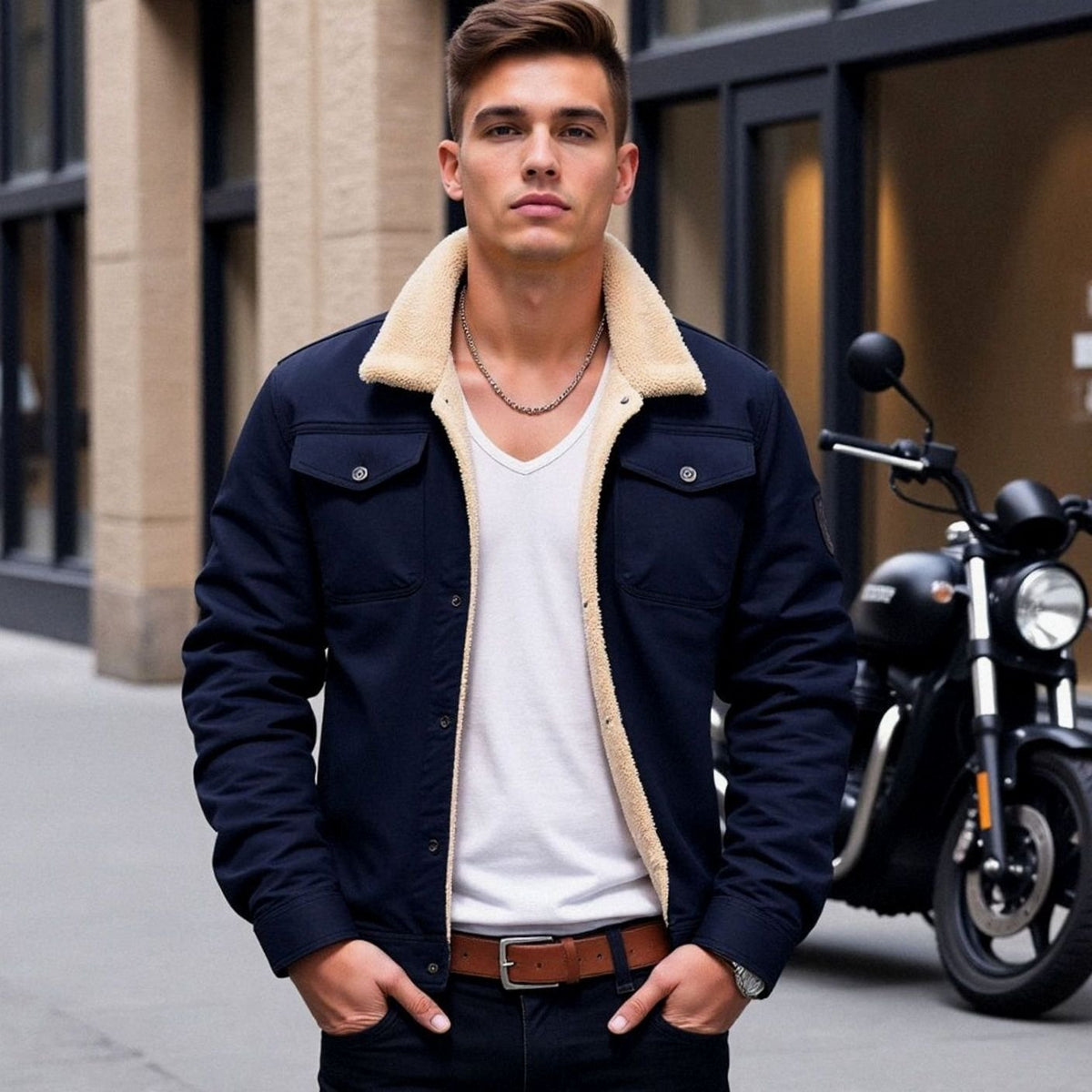 Men's Sherpa-Lined Snap-Button Casual Outdoor Jacket