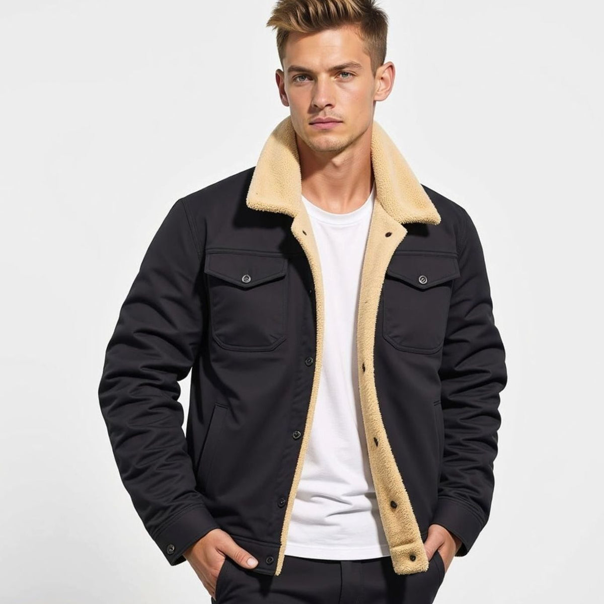 Men's Sherpa-Lined Snap-Button Casual Outdoor Jacket