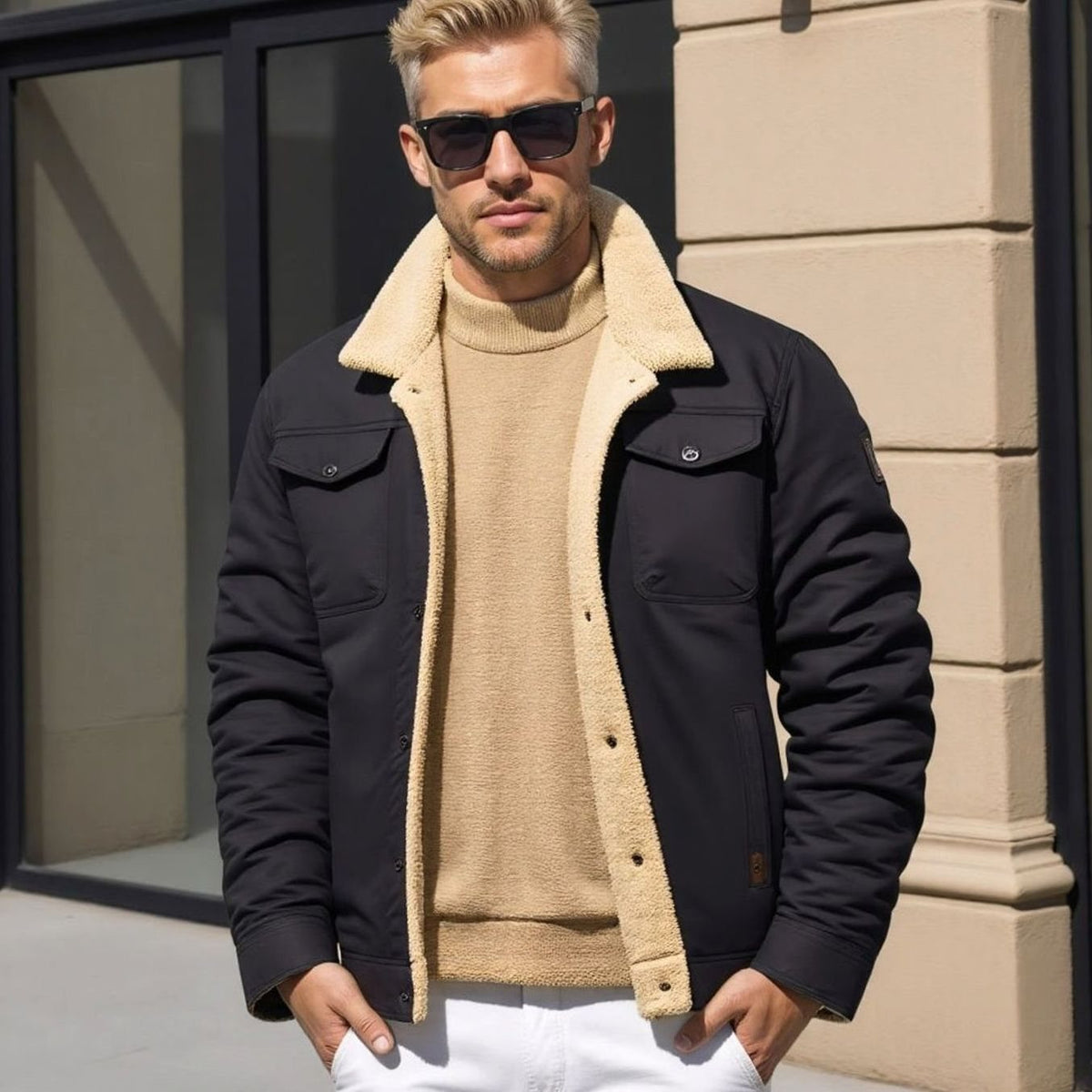 Men's Sherpa-Lined Snap-Button Casual Outdoor Jacket