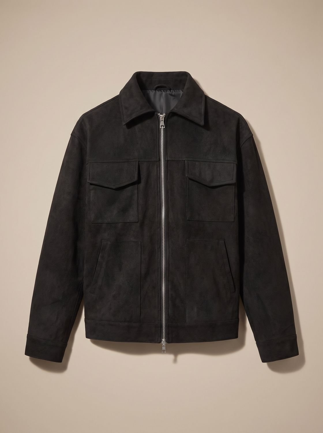 Men's Suede Full-Zip Trucker Jacket with Shirt Collar