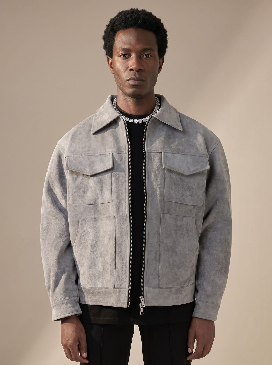 Men's Suede Full-Zip Trucker Jacket with Shirt Collar