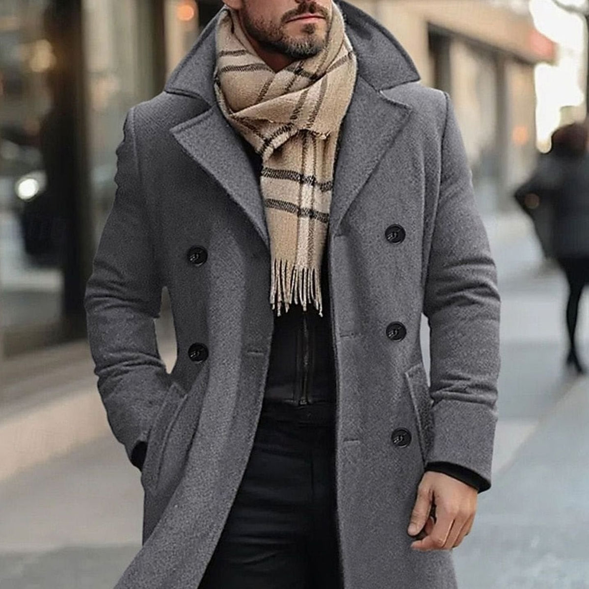 Men's Tailored Double-Breasted Long Wool Winter Coat