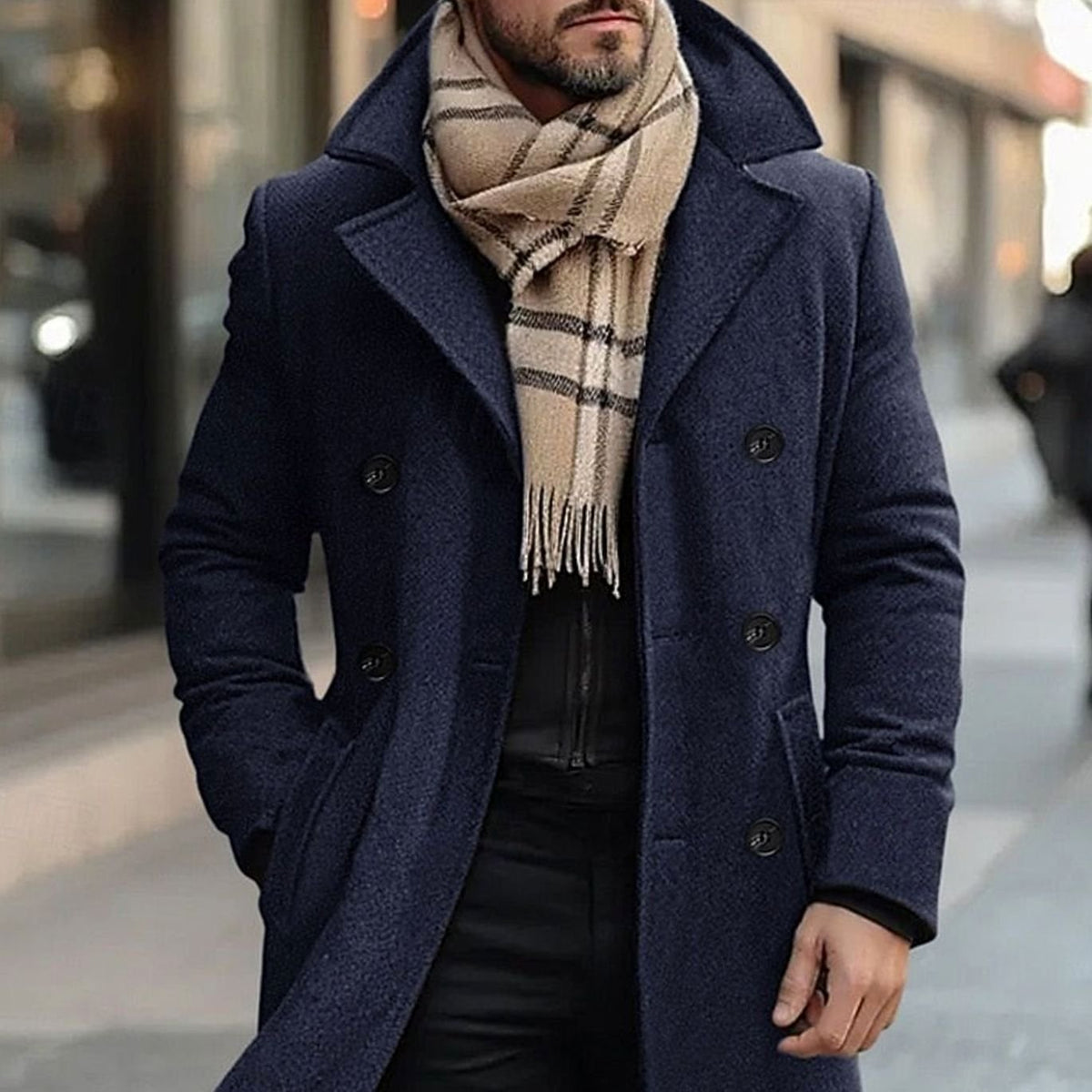 Men's Tailored Double-Breasted Long Wool Winter Coat