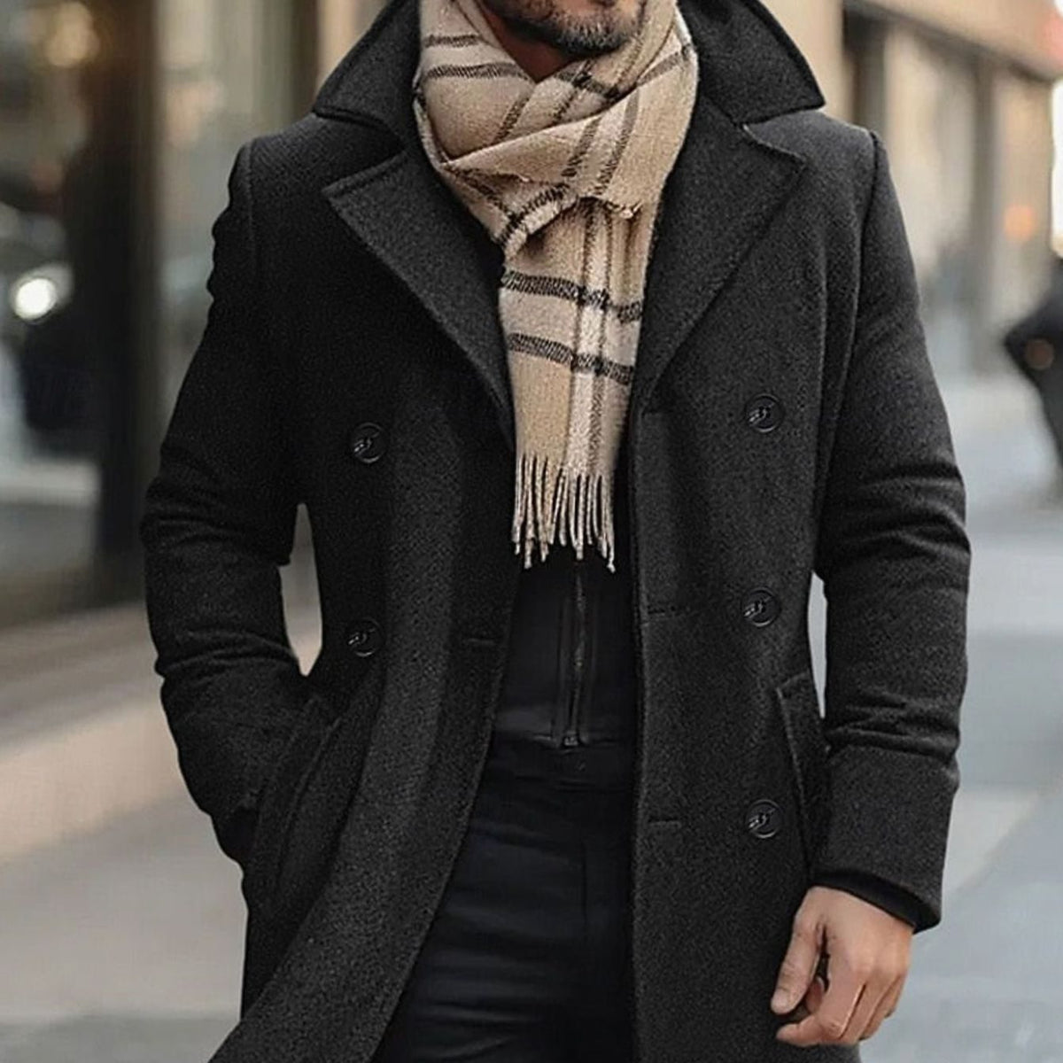 Men's Tailored Double-Breasted Long Wool Winter Coat