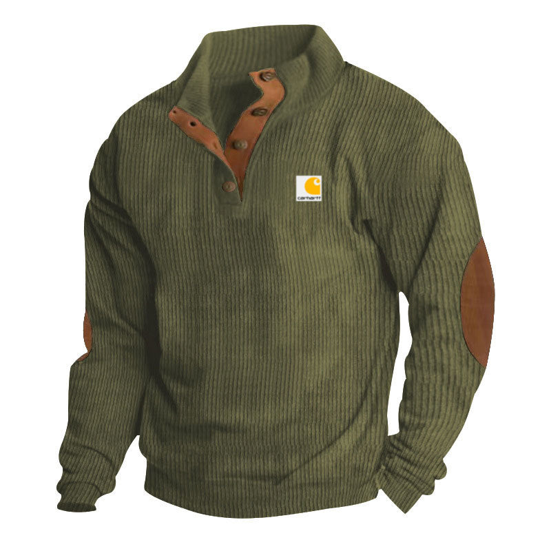 Men's Troyer-Style Knitted Pullover with Stand-Up Collar, Leather Trim, Snap Button Placket, and Elbow Patches
