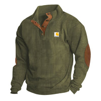 Men's Troyer-Style Knitted Pullover with Stand-Up Collar, Leather Trim, Snap Button Placket, and Elbow Patches