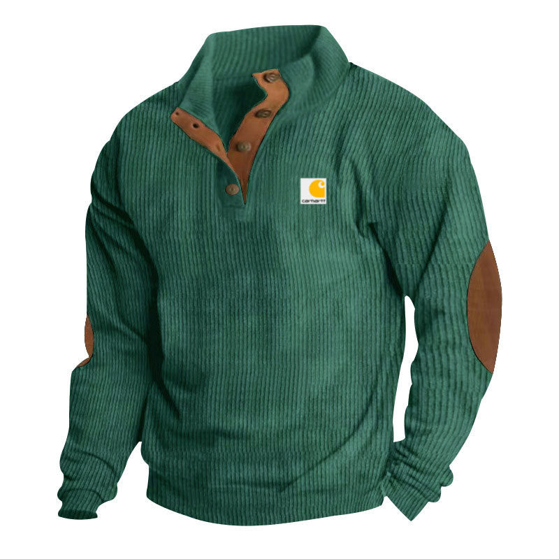 Men's Troyer-Style Knitted Pullover with Stand-Up Collar, Leather Trim, Snap Button Placket, and Elbow Patches