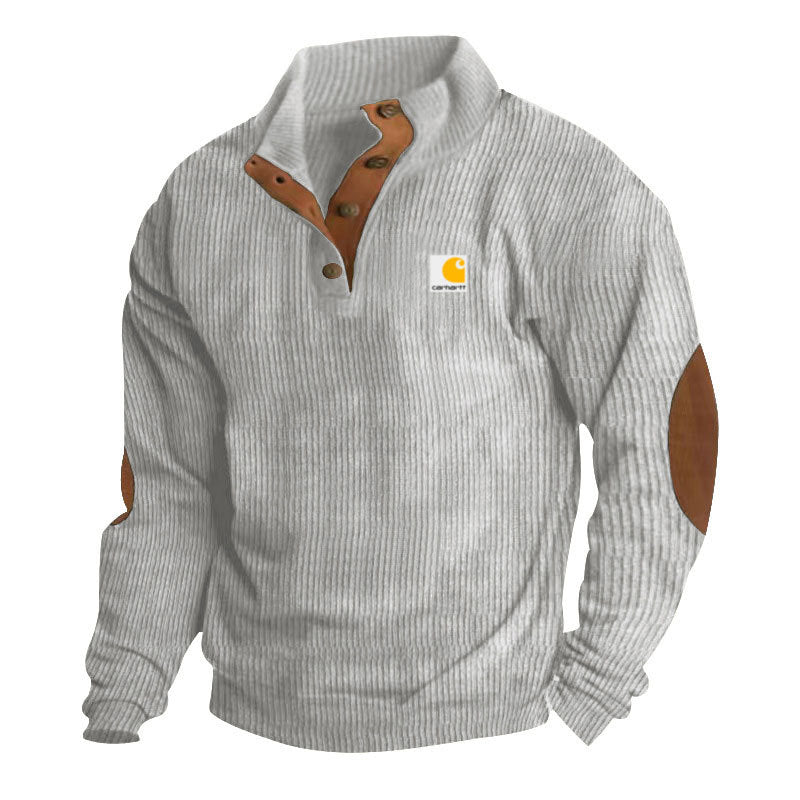 Men's Troyer-Style Knitted Pullover with Stand-Up Collar, Leather Trim, Snap Button Placket, and Elbow Patches