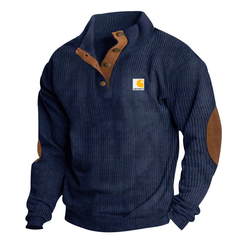 Men's Troyer-Style Knitted Pullover with Stand-Up Collar, Leather Trim, Snap Button Placket, and Elbow Patches