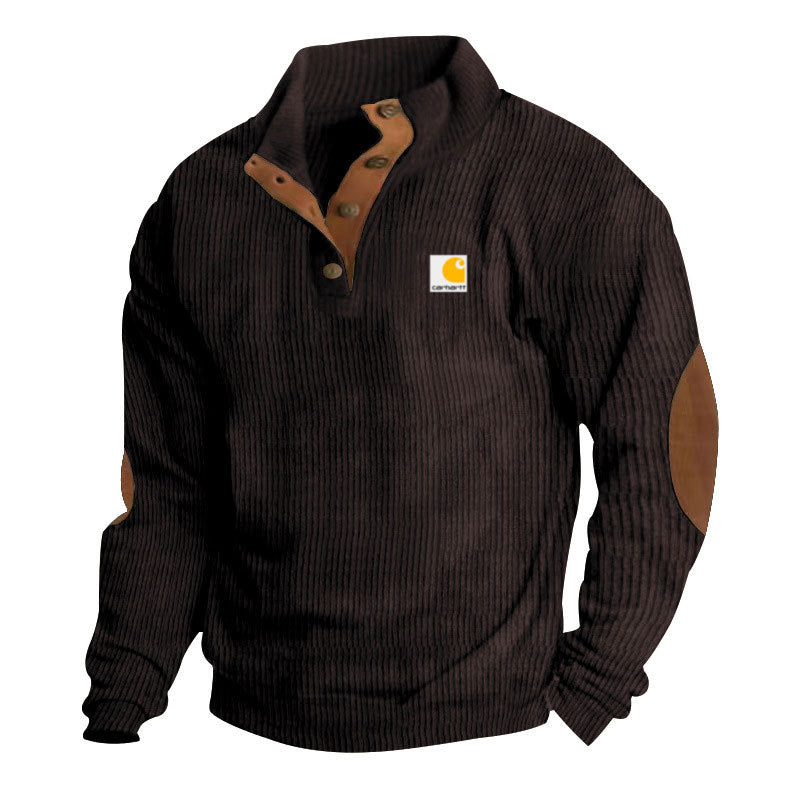 Men's Troyer-Style Knitted Pullover with Stand-Up Collar, Leather Trim, Snap Button Placket, and Elbow Patches