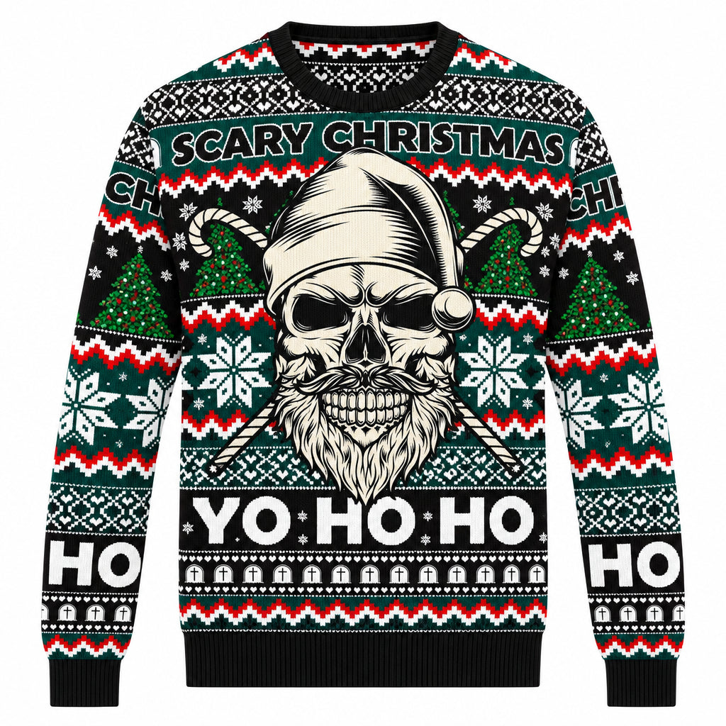 Men's Ugly Christmas Sweater with Skull Print – Grunge-Style Pullover