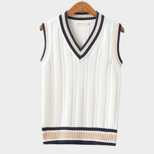 Men's V-Neck Cable-Knit Striped-Trim Sleeveless Sweater Vest