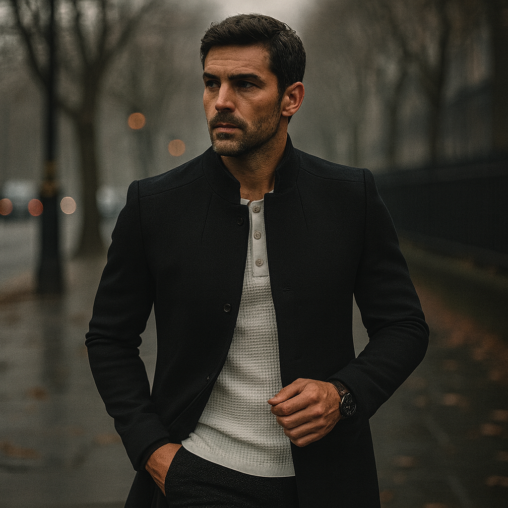 Image of Men's Stand Collar Mid-Length Coat