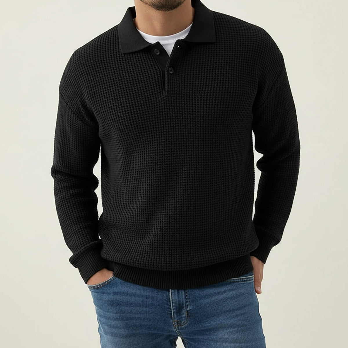 Men's Long-Sleeve Knit Polo Sweater