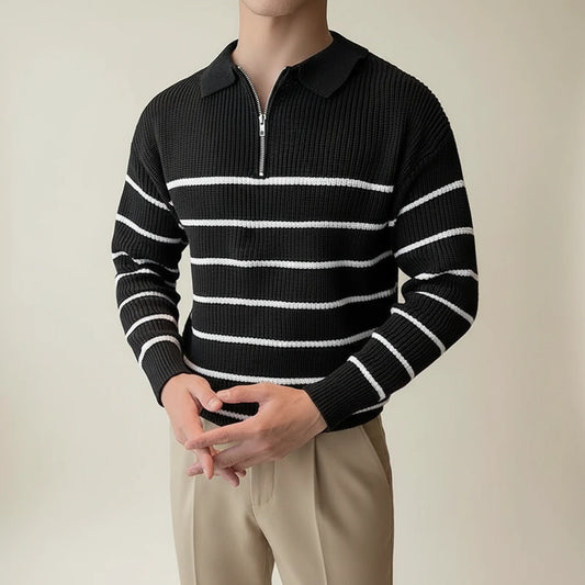 Men's Striped Quarter-Zip Polo Sweater