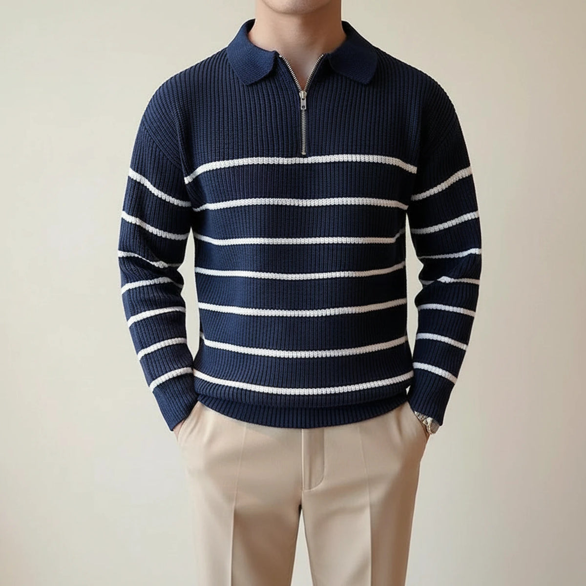 Men's Striped Quarter-Zip Polo Sweater