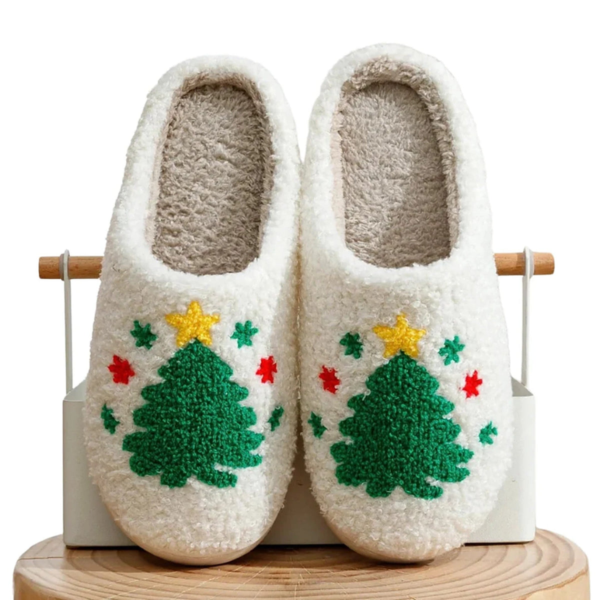 Retro Christmas Teddy Slippers with Non-Slip Sole