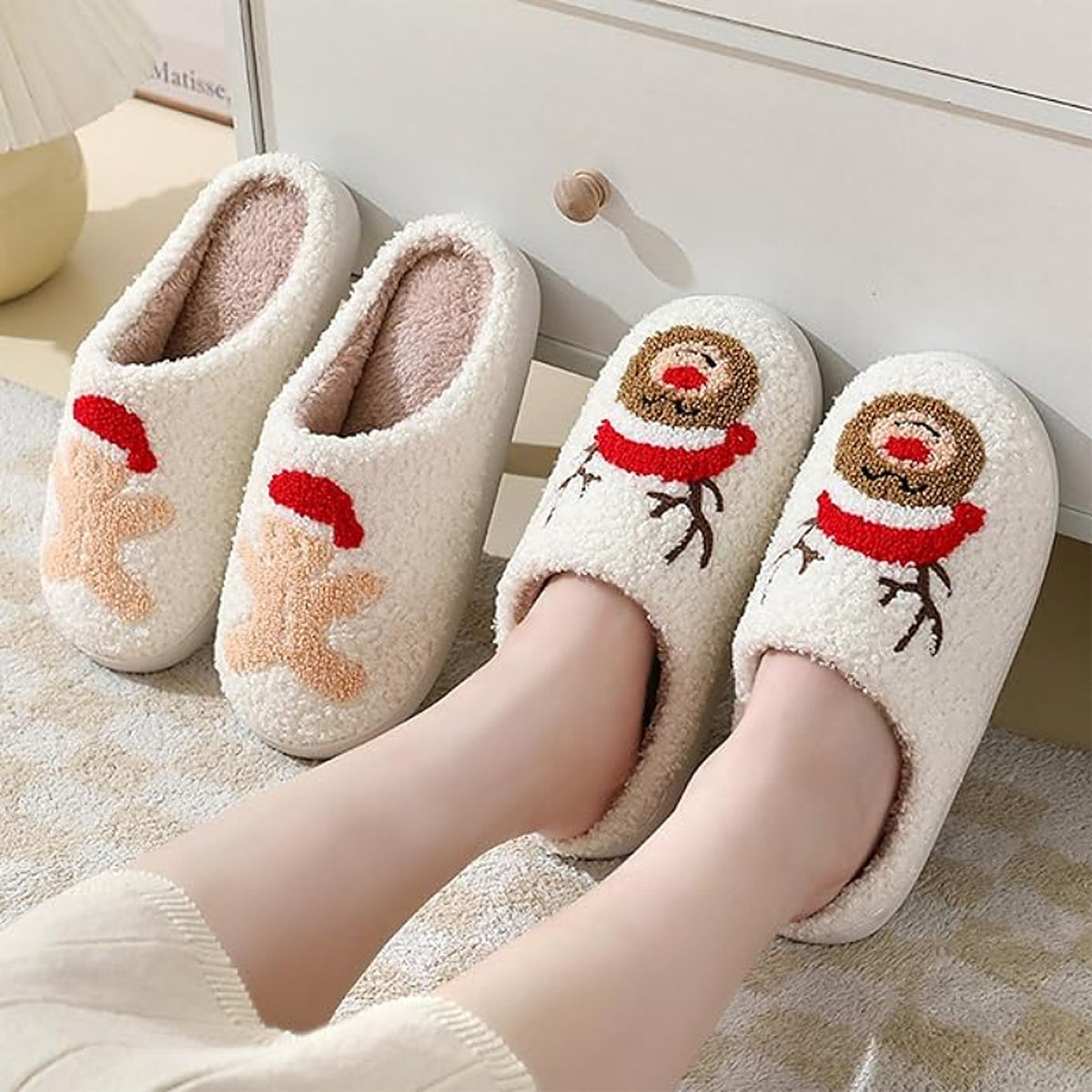 Retro Christmas Teddy Slippers with Non-Slip Sole