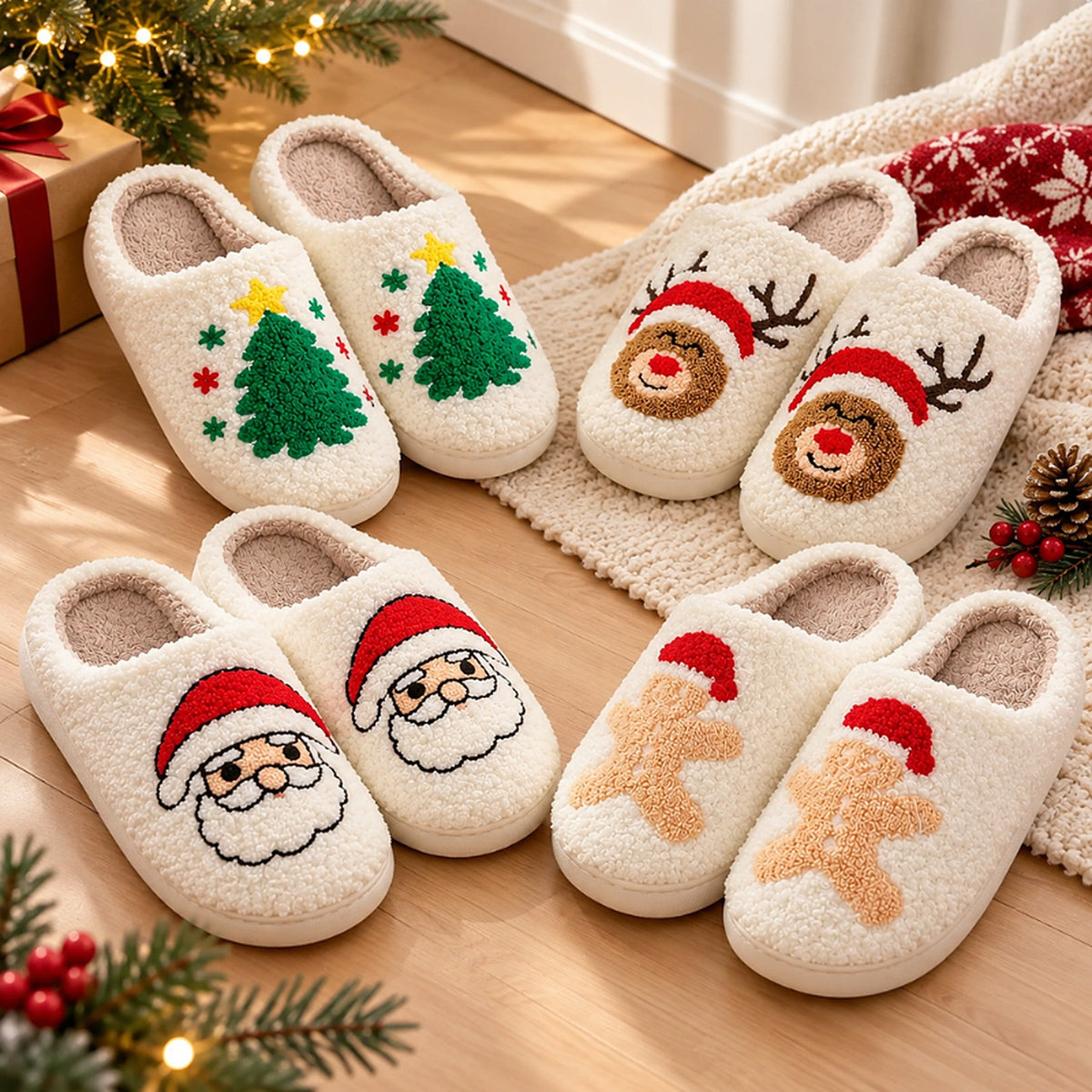 Retro Christmas Teddy Slippers with Non-Slip Sole