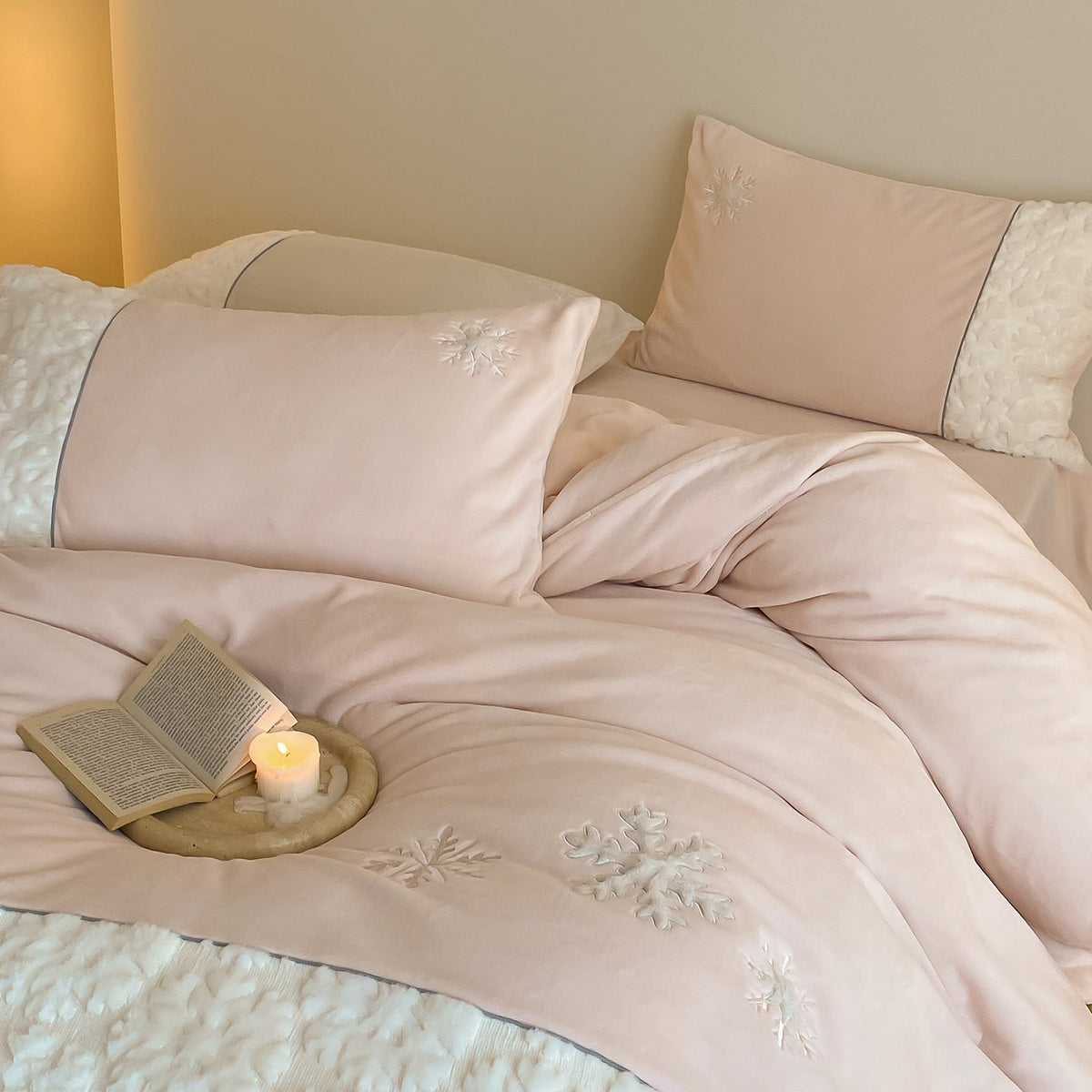 Reversible Bedding Set with Sherpa Quilting and Snowflake Embroidery