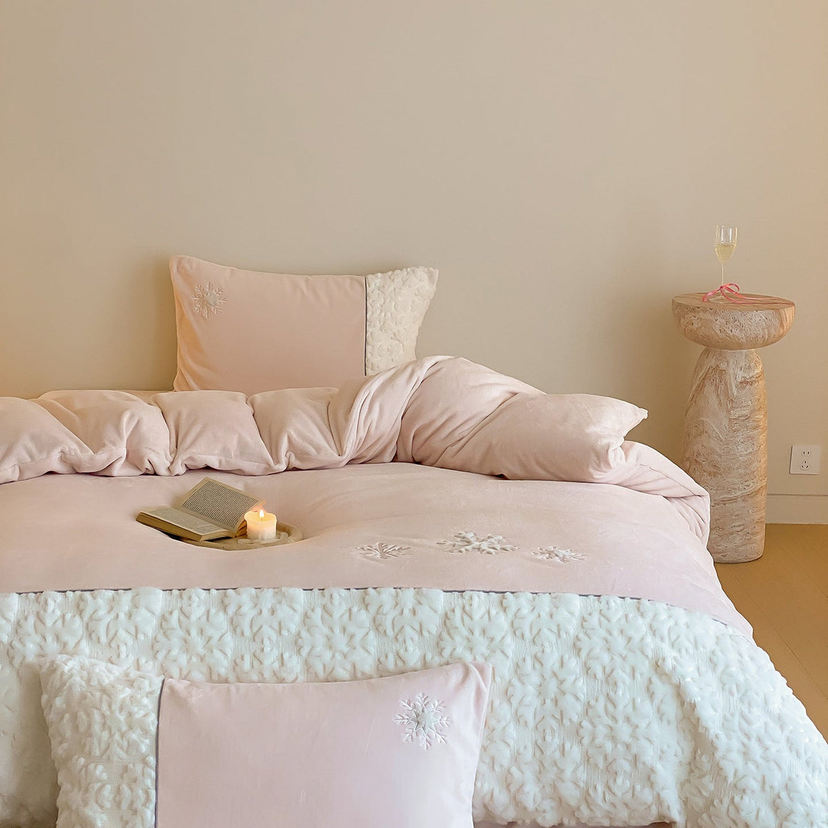 Reversible Bedding Set with Sherpa Quilting and Snowflake Embroidery