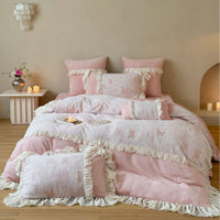 Romantic Bedding Set with Ruffles and Butterfly Embroidery