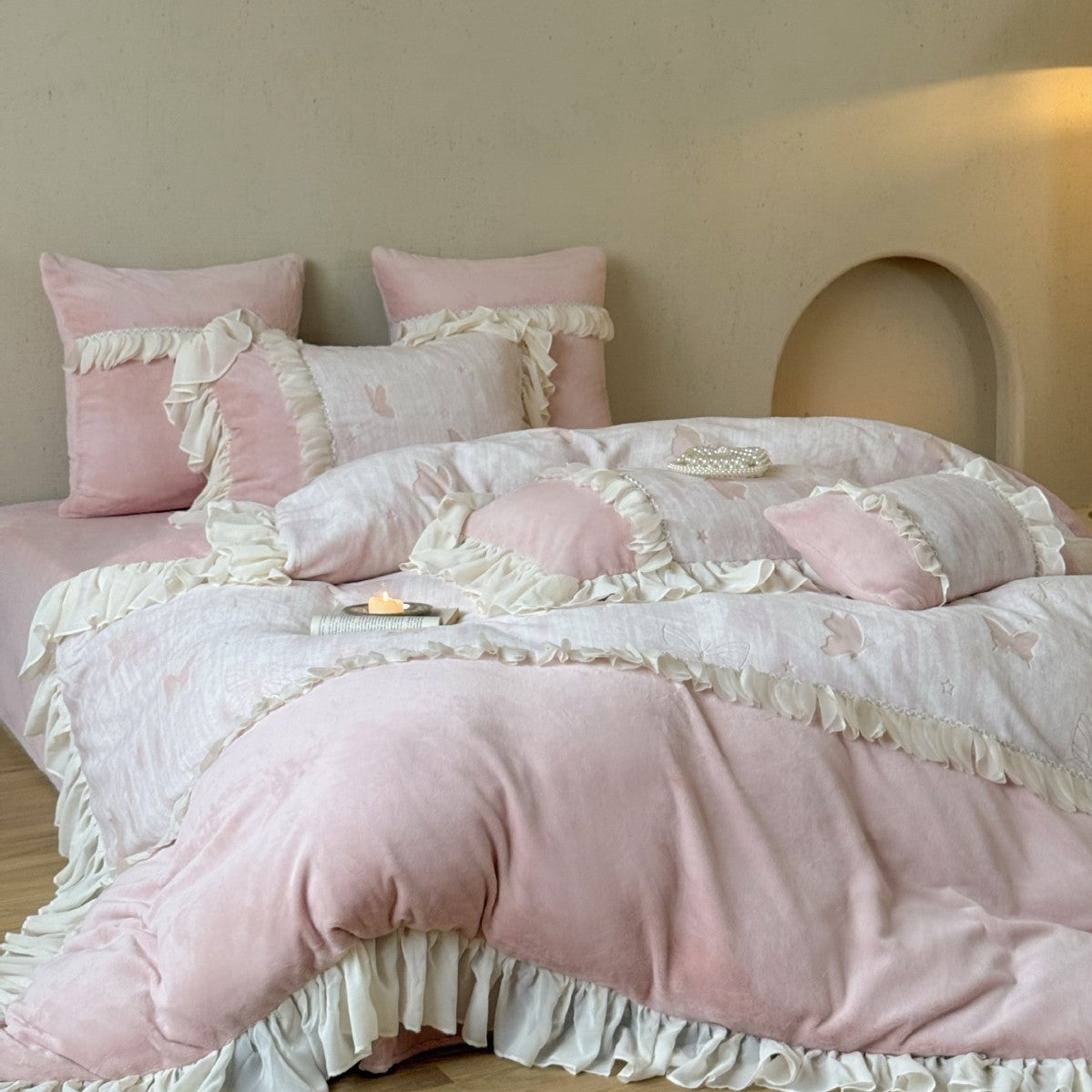 Romantic Bedding Set with Ruffles and Butterfly Embroidery