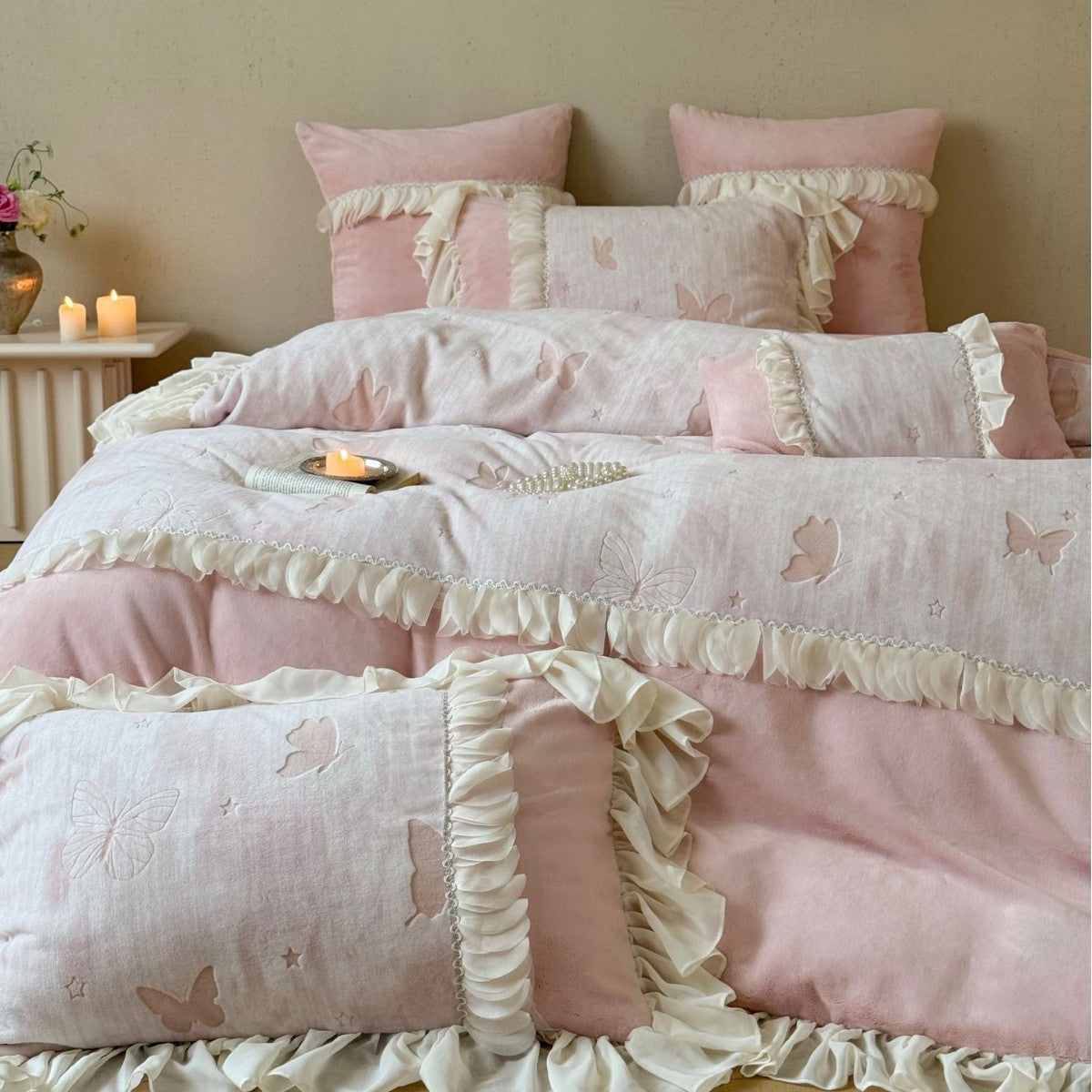 Romantic Bedding Set with Ruffles and Butterfly Embroidery