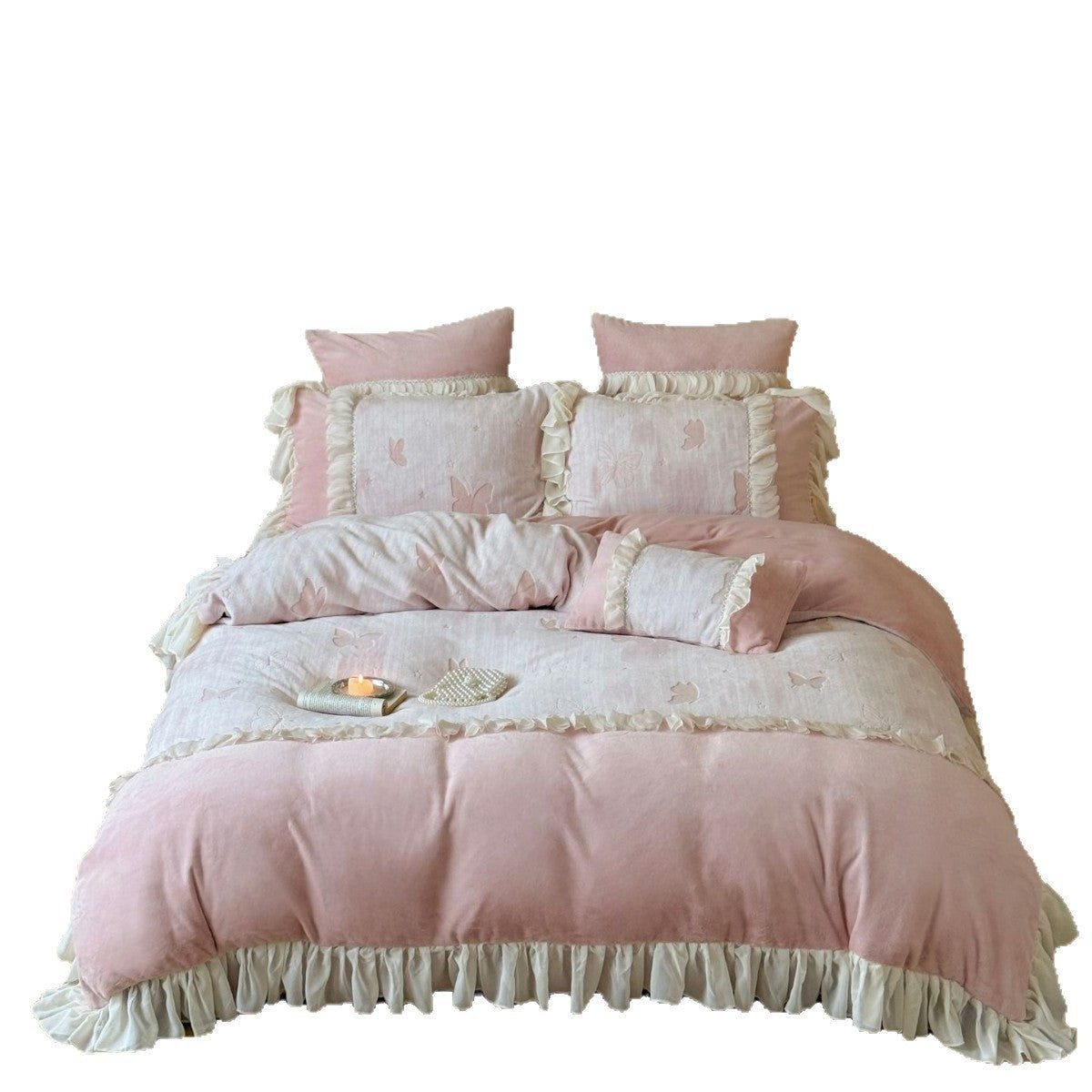 Romantic Bedding Set with Ruffles and Butterfly Embroidery