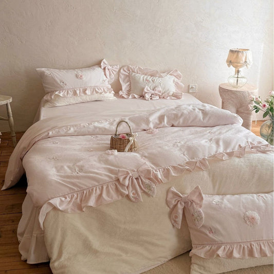 Romantic Bedding Set with Ruffles, Bows, and Floral Embroidered Appliqués