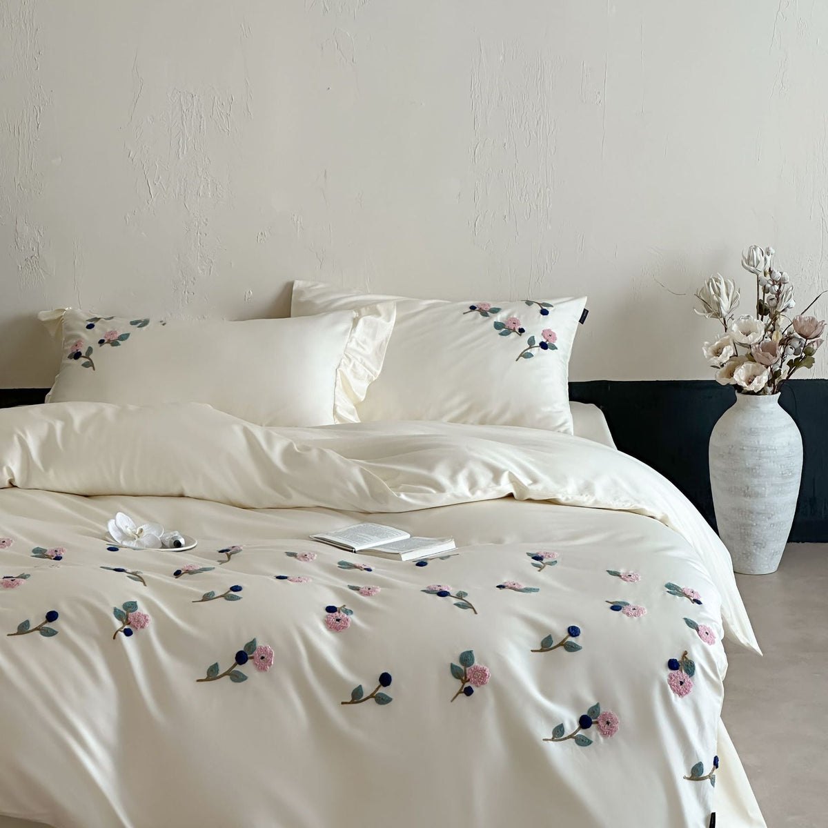 Satin Bedding Set with Blue Floral Embroidery