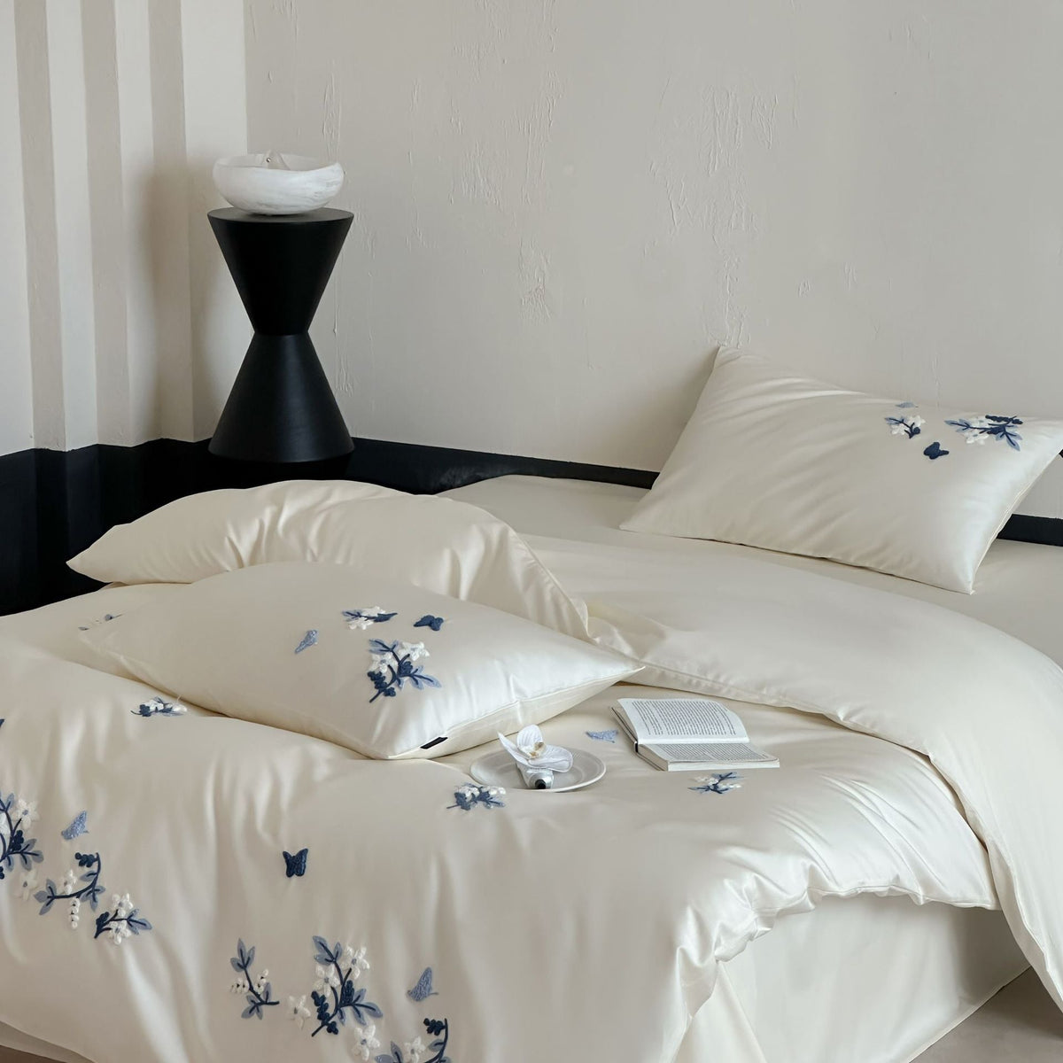Satin Bedding Set with Blue Floral Embroidery