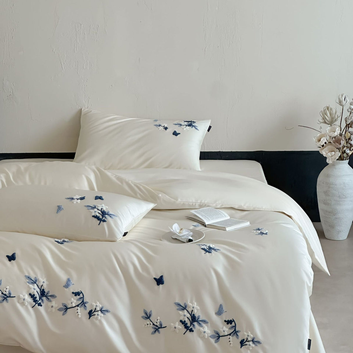 Satin Bedding Set with Blue Floral Embroidery