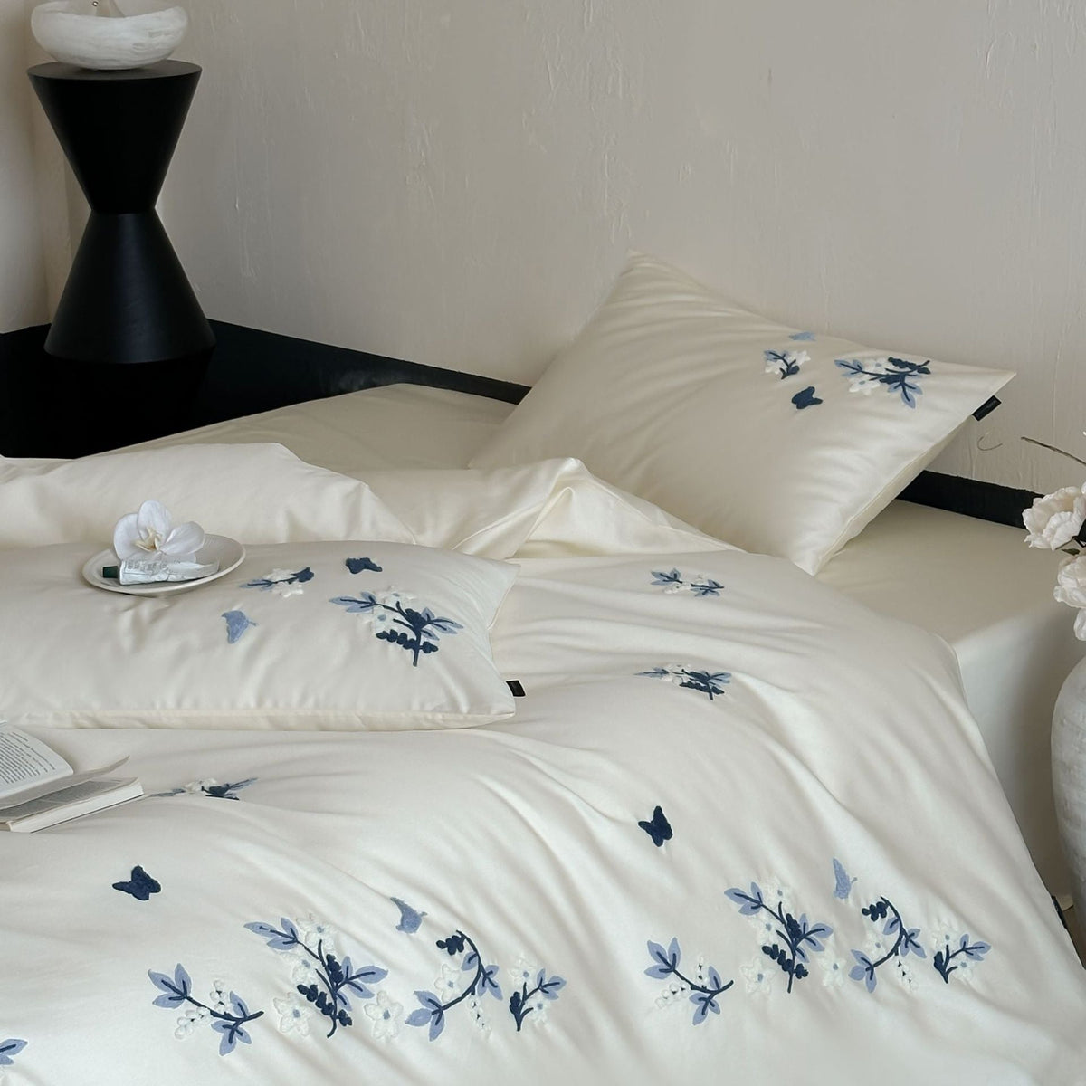 Satin Bedding Set with Blue Floral Embroidery
