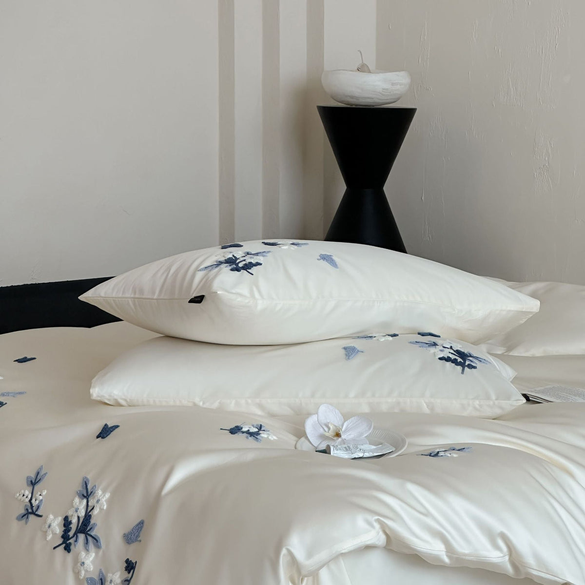 Satin Bedding Set with Blue Floral Embroidery
