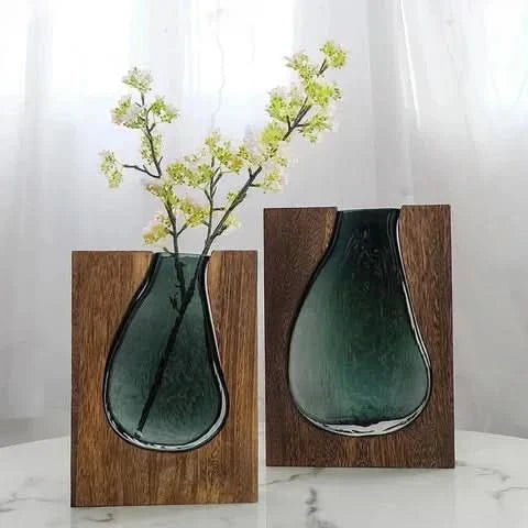 Scandinavian Glass Vase with Wooden Accent for Modern Interiors