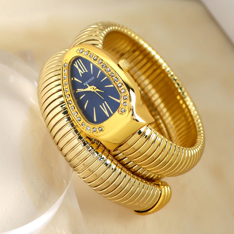Snake-Style Quartz Watch with Stainless Steel Bracelet and Oval Dial