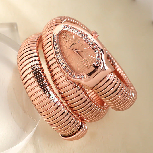 Snake-Style Quartz Watch with Stainless Steel Bracelet and Oval Dial