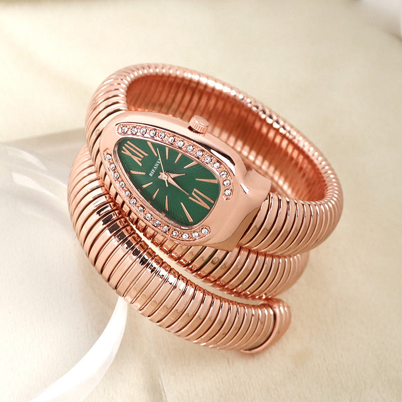 Snake-Style Quartz Watch with Stainless Steel Bracelet and Oval Dial