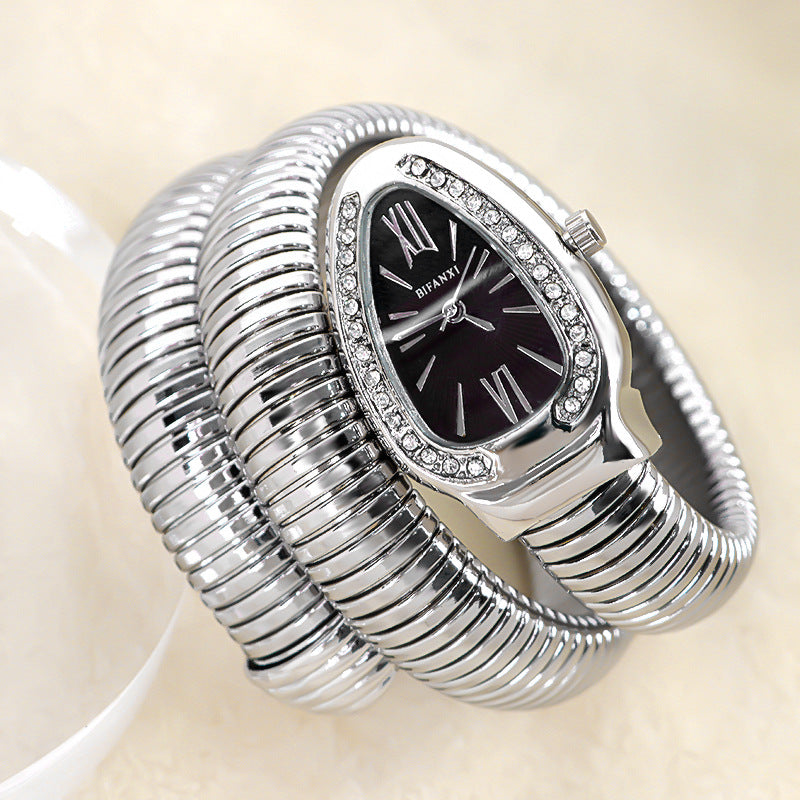 Snake-Style Quartz Watch with Stainless Steel Bracelet and Oval Dial