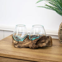 Teak Root with Double Blown Glass Mini Bowls