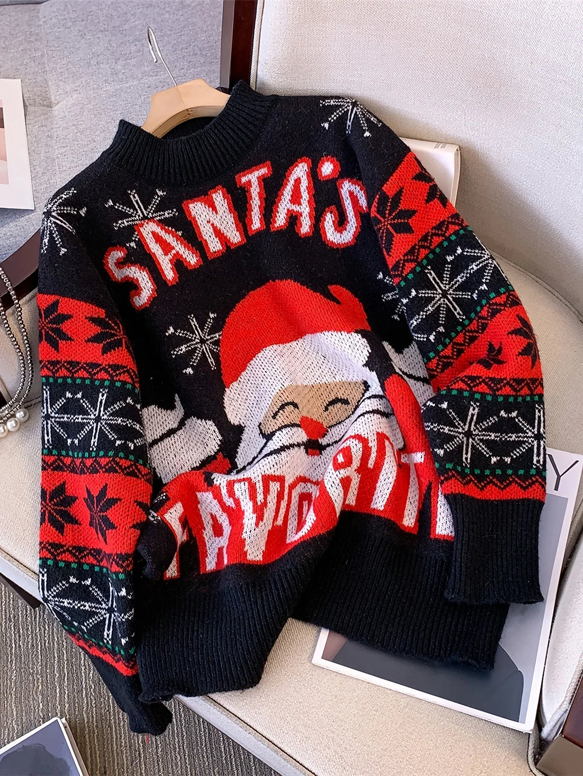 Women's Black Christmas Santa Crew Neck Long Sleeve Knit Sweater