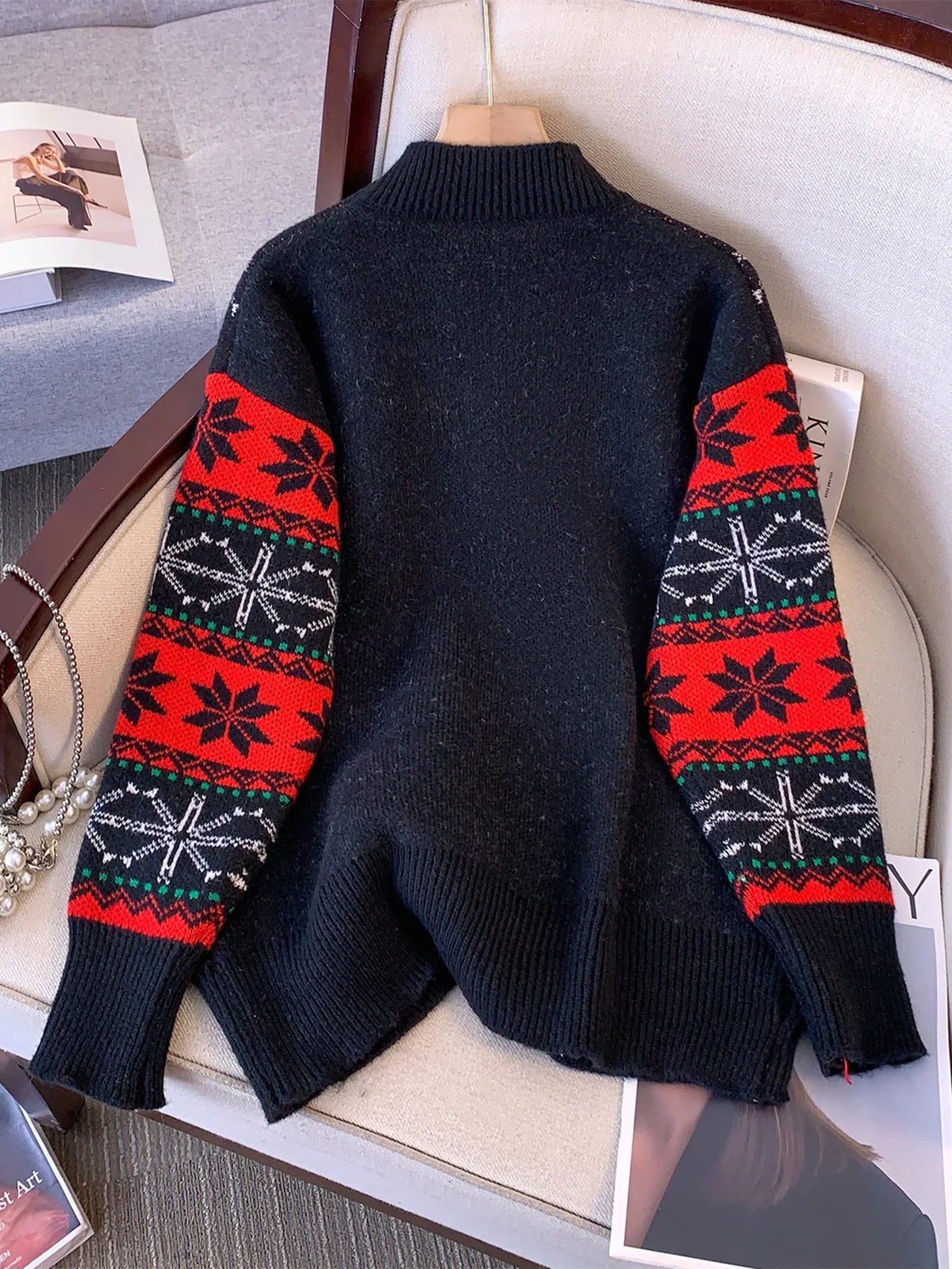 Women's Black Christmas Santa Crew Neck Long Sleeve Knit Sweater