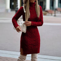 Women's Cable Knit Long Sleeve Turtleneck Dress with Side Slit